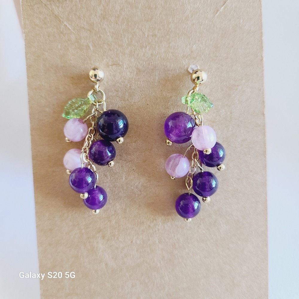 Dangle Earrings Grape Cluster Purple Gemstone Beads Leaves‎ Dainty Women